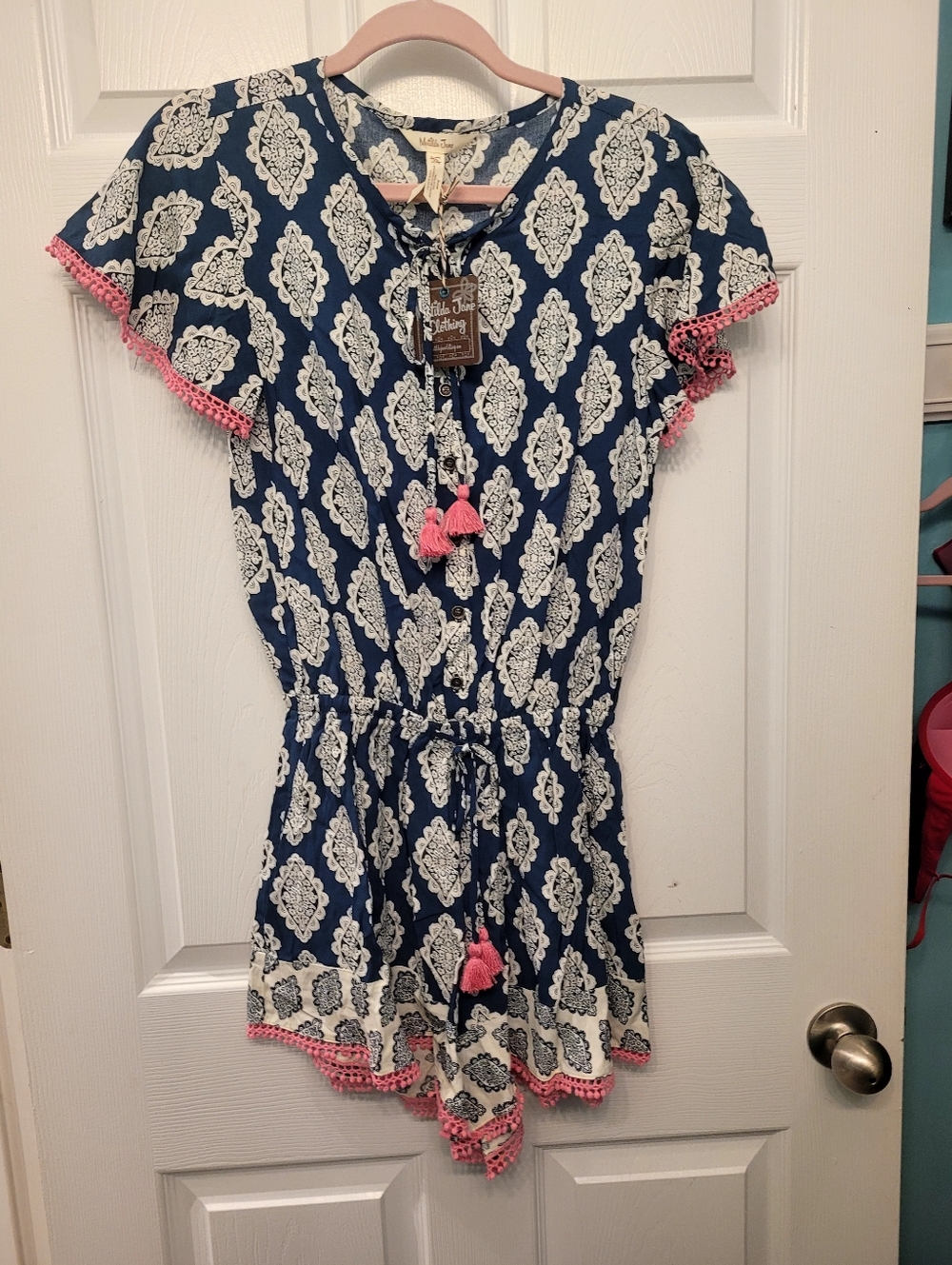 Matilda Jane Navy and White Printed Romper with Pink Tassels